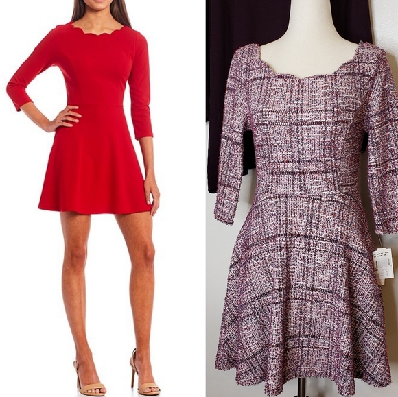 NEW Xtraordinary Skater Dress Scallop Neckline Knit Plaid Mini Spring Flare Chic - Picture 1 of 10